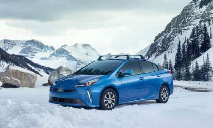 cold 2019 toyota prius awd-e in the snow, seat heaters are welcome