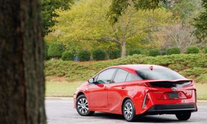 2020 Toyota Prius Prime Red Rear Shot In Forest