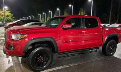 2020 Toyota Tacoma TRD Off-Road Barcelona Red double cab profile view front end