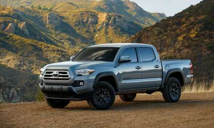 2021 Toyota Tacoma Trail Edition Cement color front end and profile view