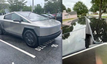 Jake Walski's Tesla Cybertruck and his windshield after it was replaced