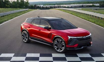 A red Chevy Blazer EV on test track