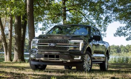 A black 2025 Ford F-150 Platinum pickup truck shown from a front three-quarter angle, parked in a scenic wooded area with tall trees and grass in the background.