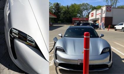 A 2025 silver Porsche Taycan Cross Turismo is parked at a gas station, with a close-up view of its headlights and dynamic design.