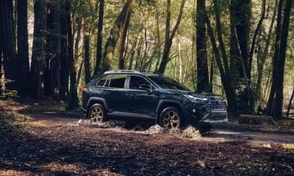 A dark Toyota RAV4 drives through a mud puddle on a forested dirt path surrounded by tall and sunlit trees, conveying adventure and ruggedness.