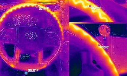 Thermal camera image of a Toyota Tundra heated steering wheel showing uneven heat distribution, with hotter upper sections and cooler temperatures on the inner lower portion of the wheel.