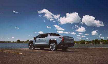 Rear 3/4 angle of the 2025 Chevrolet Silverado EV LT in Slate Gray.