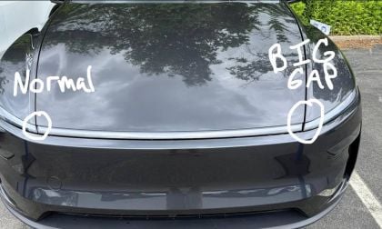 A black 2026 Tesla Model Y Juniper hood, labeled "Normal" on one side and "BIG GAP" on the other, highlighting a noticeable gap in the body alignment.