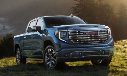 Blue GMC pickup truck parked on grassy field with trees in the background.