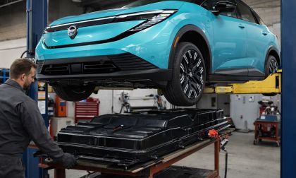 2026 Nissan LEAF up on a lift getting battery replaced