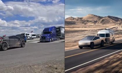 A 2026 Tesla Cybertruck towing a silver Airstream trailer on a winding road, with mountains in the background under a blue sky.