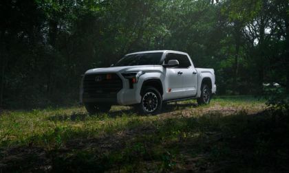 2026 Toyota Tundra TRD Platinum, white pickup truck parked in moody forest clearing with dark green background
