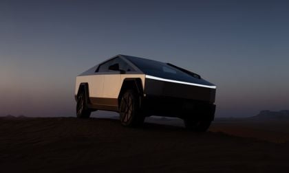 Tesla Cybertruck at sunrise on an off-road desert trail