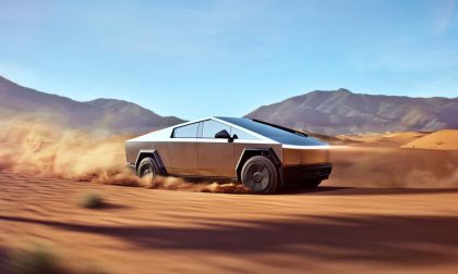 A 2026 Tesla Cybertruck spews dirt into the air.