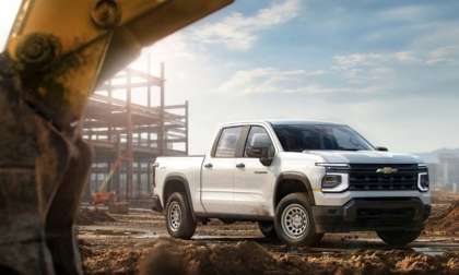 2027 Chevrolet Silverado 1500 Work Truck in Summit White. Exterior passenger front 34 beauty shot.