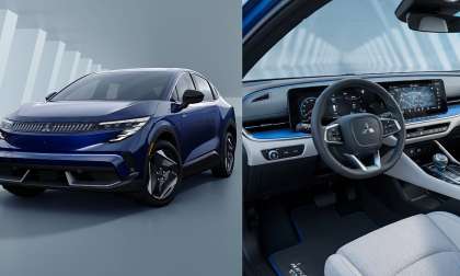2027 Mitsubishi Eclipse Sportback EV's exterior and a rendering of the interior based on Nissan LEAF