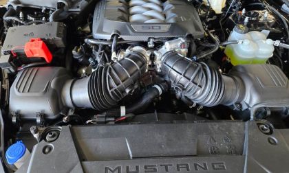 The engine area of a Ford Mustang GT shows off dual intakes