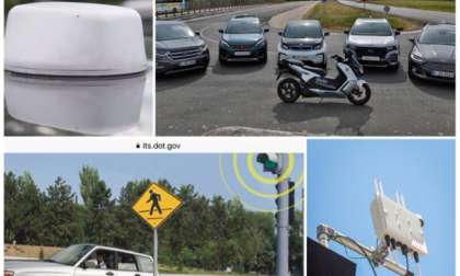 DSRC devices on a sign post and car roof, DSRC V2X traffic signal, and V2X cars and a scooter