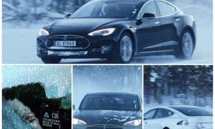 Tesla winter driving from Tesla Media. The plug is from torquenews.com