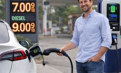 An EV driver charging his car and happy he doesn’t have to pay high gas prices