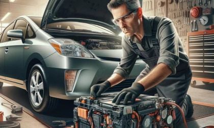 AI rendering of Toyota Prius getting worked on with hybrid battery