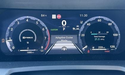 A Toyota Tacoma's dashboard displaying gauges and indicators. Speedometer reads 0 MPH. Adaptive Cruise Mode is active. Temperature shows 84°F. Time is 11:30. Odometer displays 1,000 miles.