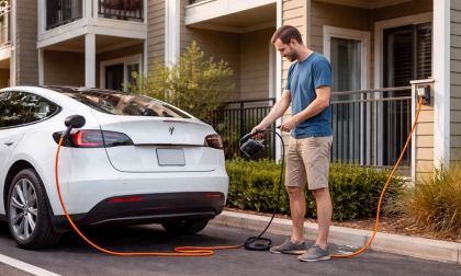 Apartment dweller charging his Tesla Model Y with an extension cord