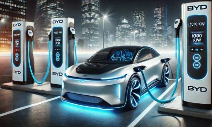 BYD automobile being charges with two 1000 KW Level 3 Chargers