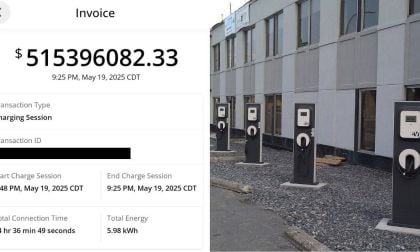 An invoice for a charging session costing over $551 million; shows charging stations outside a building.