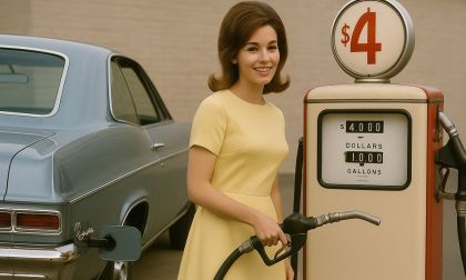 Vintage 1960s scene of classic car at gas station with retro fuel pump and stylish driver