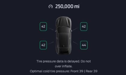 High-mileage vehicle dashboard showing tire pressure monitoring with car silhouette at 250,000 miles, dark background