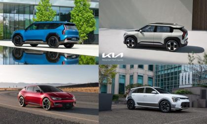 Kia EV9 in blue, EV3 in silver, EV6 in red and Niro EV in white