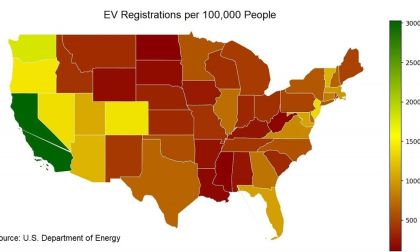 Map of U.S. showing EV adoption per capita