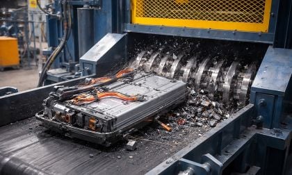 Electric vehicle battery getting shredded at recycling plant