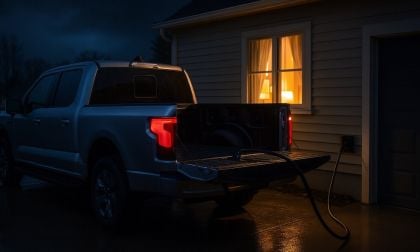 Electric pickup truck using V2H to power a home during an outage 
