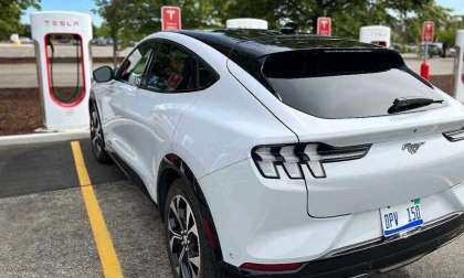 Mustang Mach-E Charging at a Tesla station