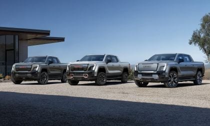 Image the three GMC Sierra EV trim levels - Elevation, AT4, and Denali