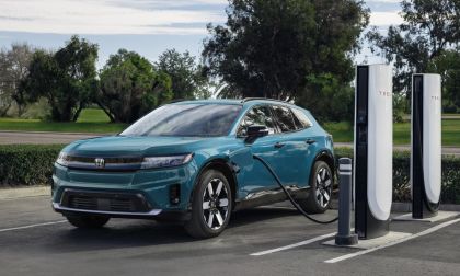 Honda Prologue EV at a Tesla Supercharger during road trip