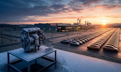 A cinematic wide shot of a Honda manufacturing plant at dawn