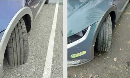 Comparison photo showing wheel turning angle on two Hyundai Ioniq vehicles illustrating turning radius difference