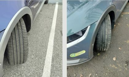 Comparison photo showing wheel turning angle on two Hyundai Ioniq vehicles illustrating turning radius difference