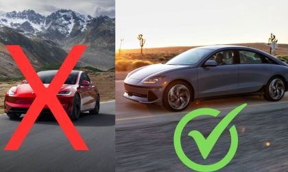 Red Model 3 Tesla with Red X, Hyundai Ioniq 6 with Green checkmark
