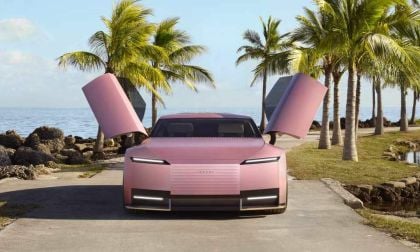 A Pink Jaguar Type 00 with butterfly doors stands on a coastal path, framed by palm trees and rocky shorelines under a clear sky.