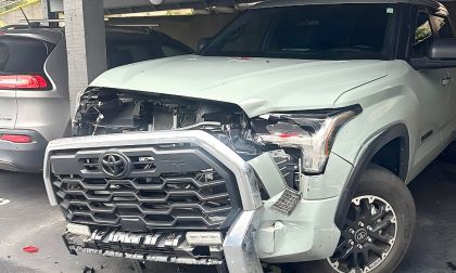 Jordan Taylor's 2025 Toyota Tundra after it was hit by another car and the grille completely damaged, and the insurance limit was only $25K.