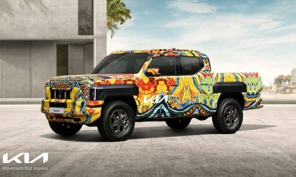 Kia Tasman pickup truck prototype in colorful camouflage