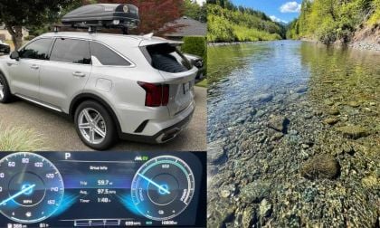 Silver Kia Sorento PHEV, dashboard display showing MPG and a river