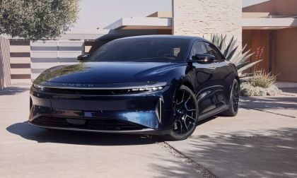 Blue Lucid Air Sapphire in yard