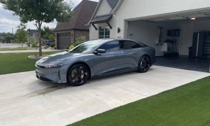 Lucid Air in Driveway, Grey with Green Grass
