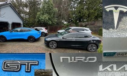 Blue Ford Mach-E, Black Tesla Model 3, Silver Kia Sorento PHEV and Silver Kia Niro EV