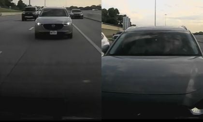 Gray Mazda SUV driving on multi-lane highway during overcast day, viewed from behind and side angles